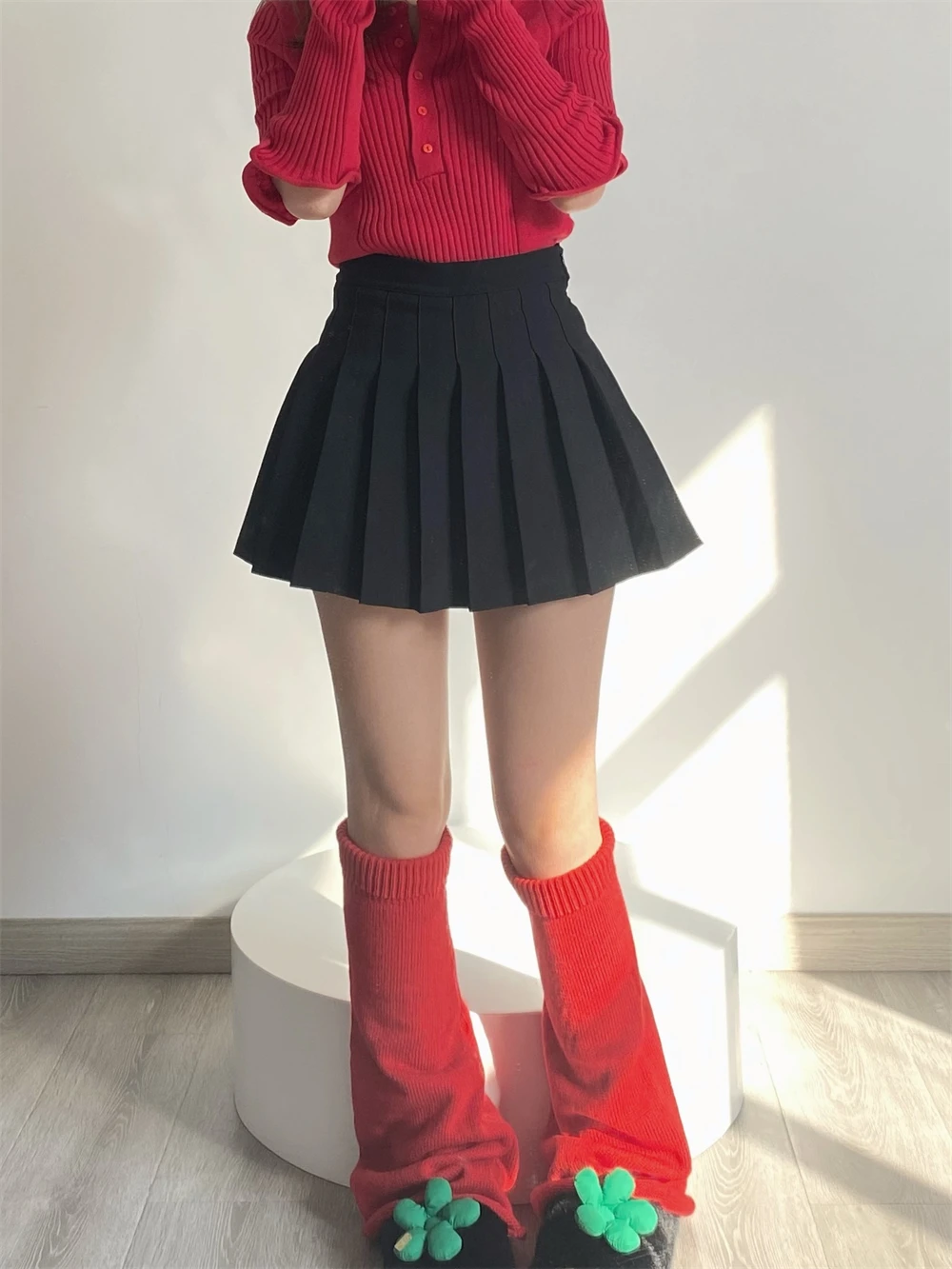 Women's Red Leg Warmers Long Wool Knitted Foot Cover Fashion Winter Leggings Socks Japanese Y2K Boot Cuffs Cosplay Accessories