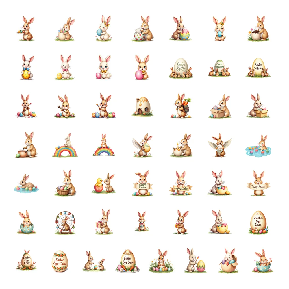 50pcs Happly Easter Stickers Cartoon Rabbit Holiday Spring Animal Stickers for Water Bottle Laptop Scrapbook Kids Decor