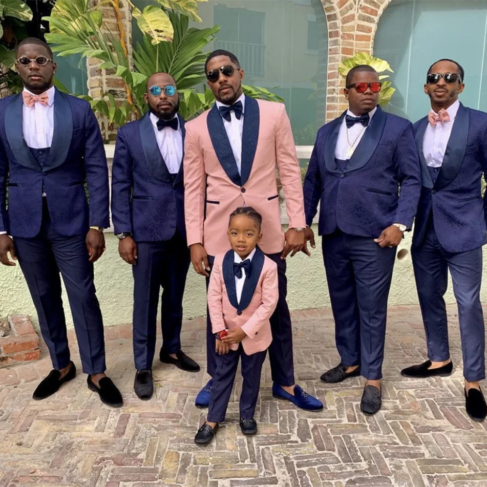 

Pink Blue Men Suits Slim Fit Jacket Vest Pants Print Sets/Wedding Groom Father Boys Same Suits/Groomsmen Formal Clothes Outfits