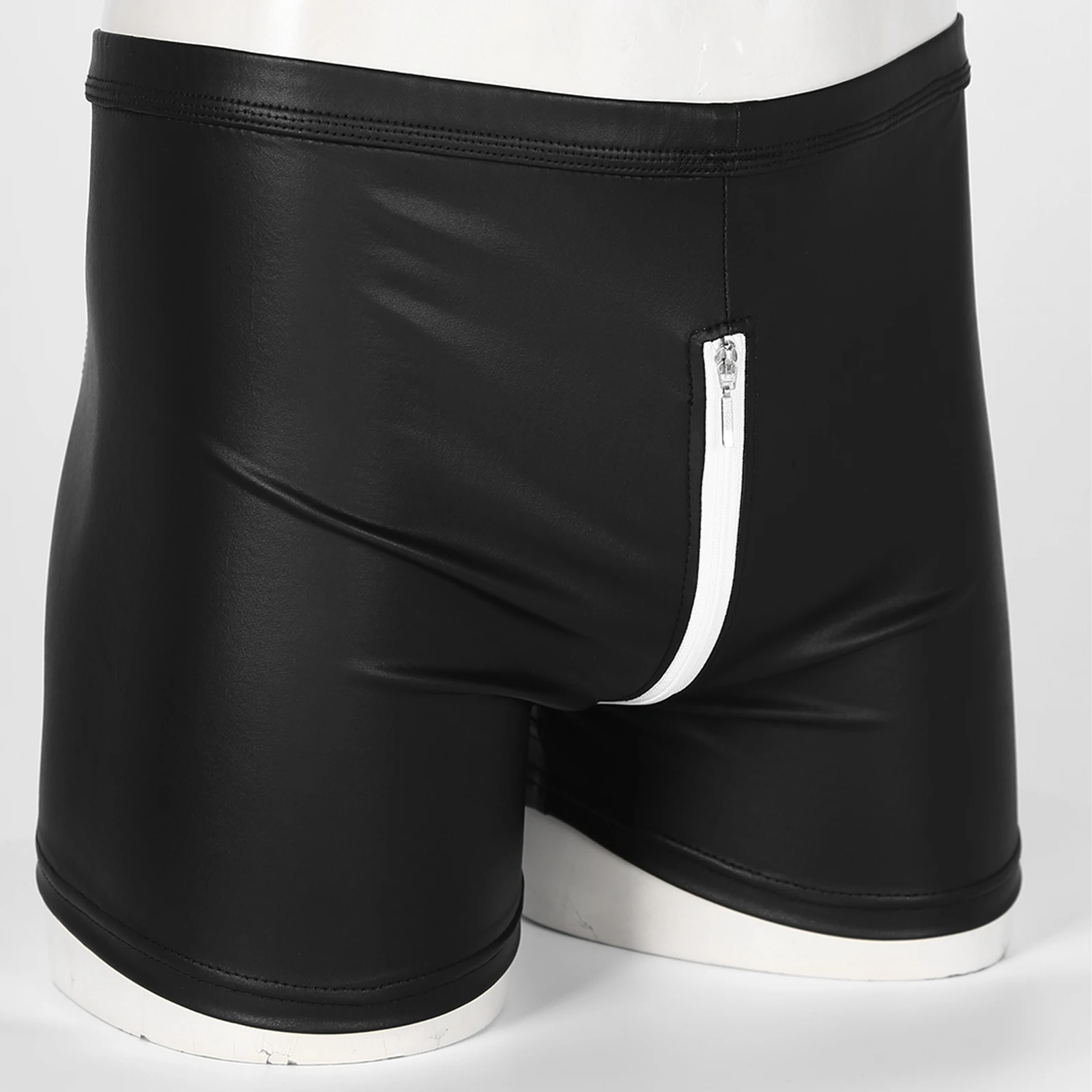Sexy Men Boxers Shorts Zipper Crotch Faux Leather Lingerie U Convex Pouch Black Leather Boxers Shorts Nightclub Rave Costume