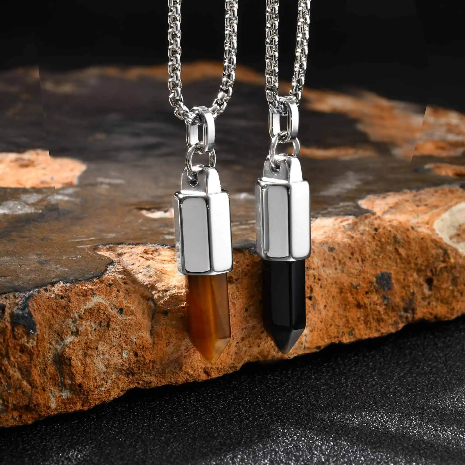Stylish Men's Natural Stone Bullet Necklaces,Vintage Gemstone Healing Stainless Steel Pendant Necklace,Birthday Father Gift