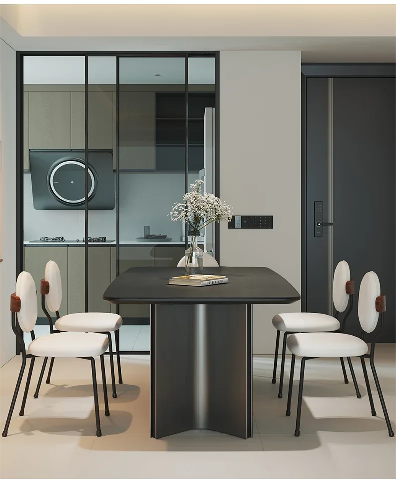 Italian Rock Slab Dining Table Modern Simple Rectangular Full Support Baseplate Black Retro Household Small Light Luxury Dining
