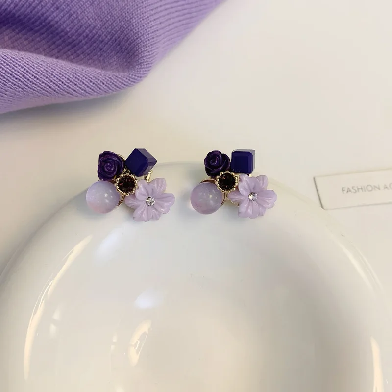 Taro Purple Flower Stud Earrings for Women Crystal Round Ball Mini Earrings Cute Girls Earrings Fashion Ear Jewelry brincos