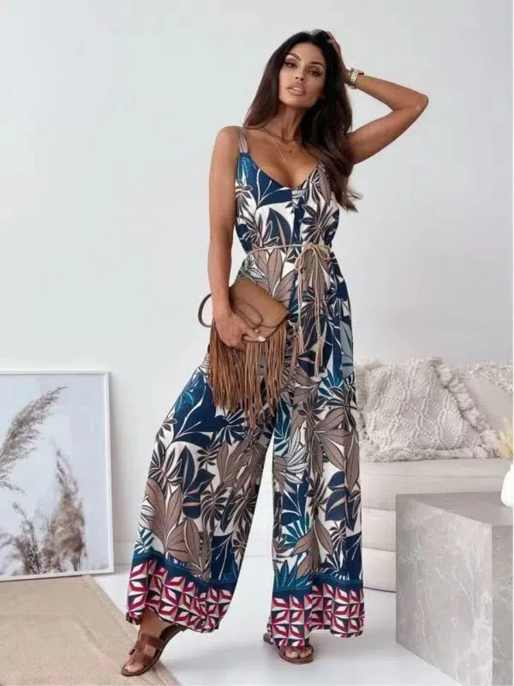 New Casual Autumn V-neck Camisole Printed Women's Jumpsuit Pants Fashionable Women's Clothing 363