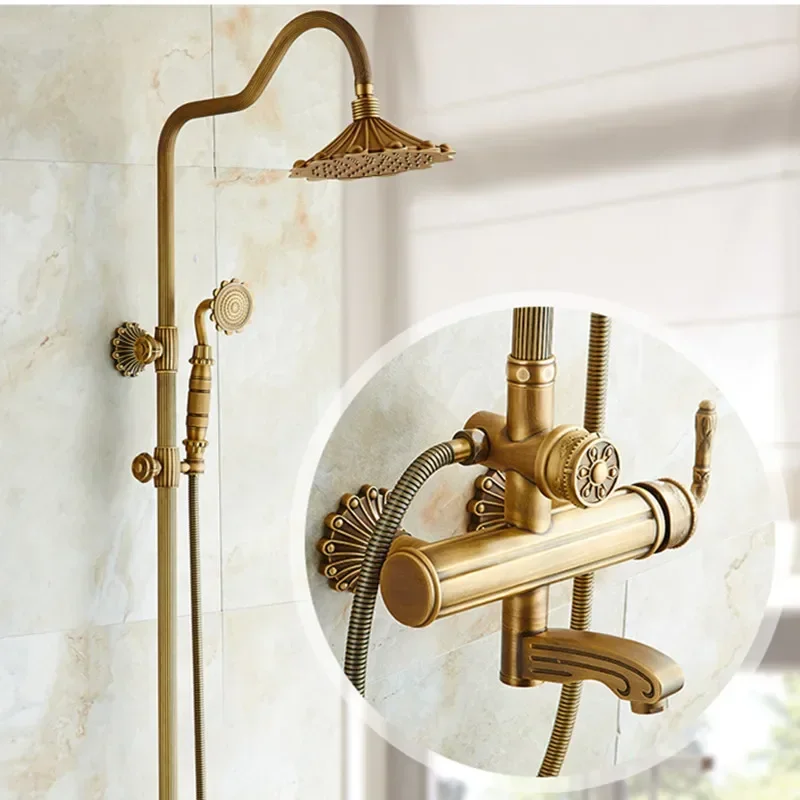 Bath Shower Set Antique Brass Shower System Bathroom Faucet Set Rainfall with Spray Head Europe Bronze Shower Mixer Tap 5