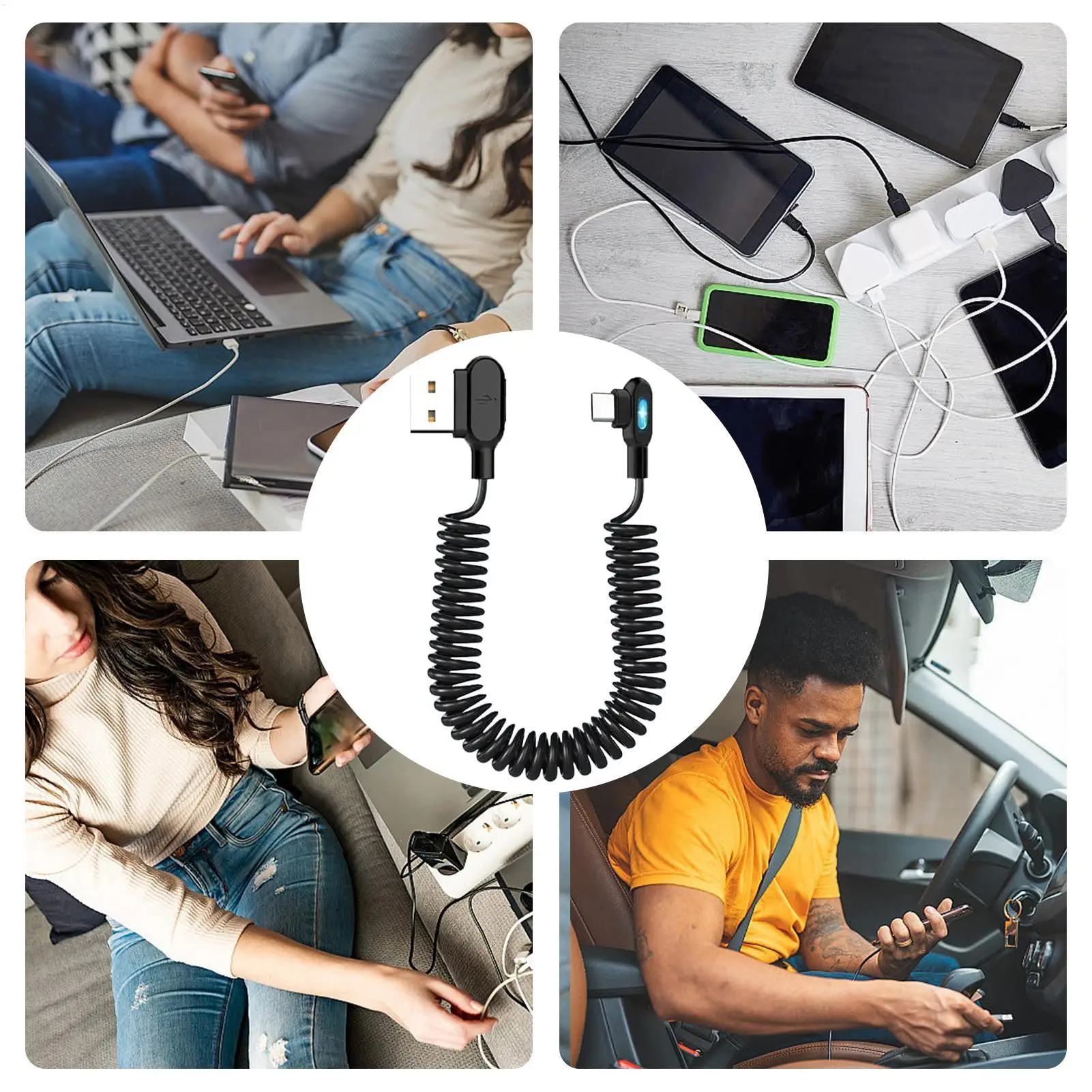 Type C Charge Cable Highly Elastic Luminous Coiled Retractable Type C Cord For Trailer RV Truck Automotive Sedan Pickup Men