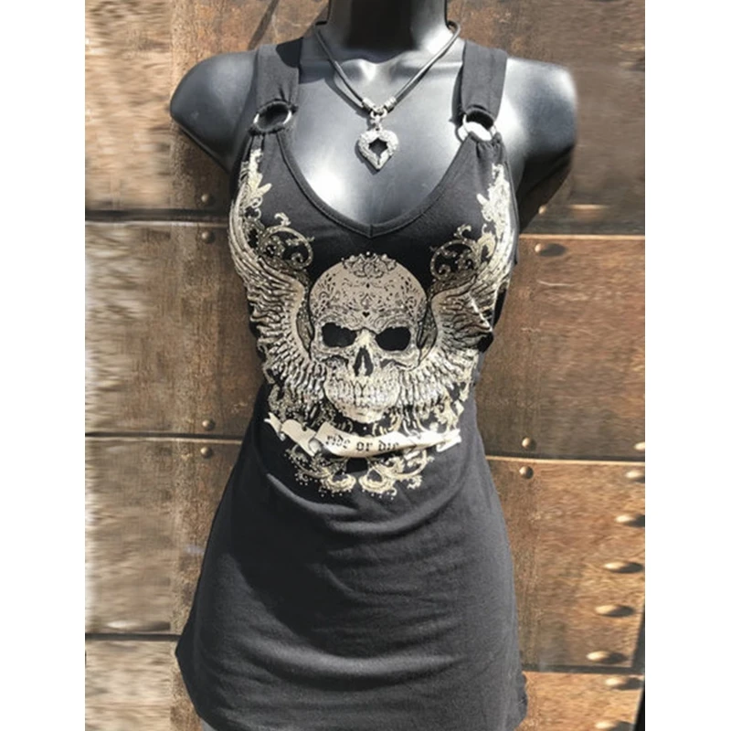 Skull Tops for Women Summer New Sexy Streetwear Round Neck Plus Size Gothic Black Spaghetti Strap Tank Top | Женская одежда