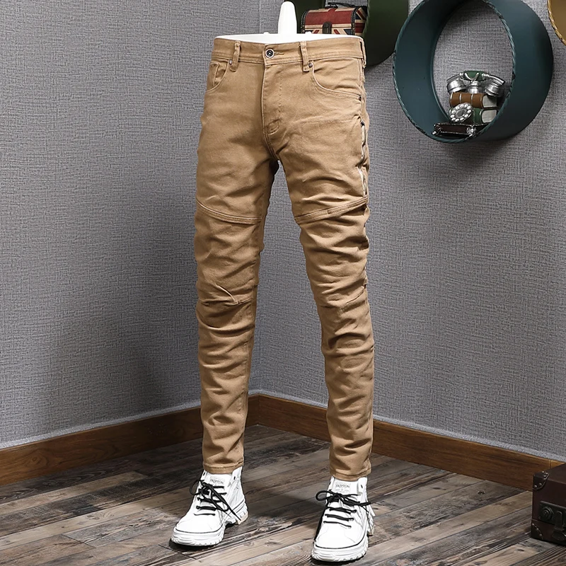 Streetwear Fashion Men Jeans Elastic Camouflage Trousers Spliced Designer Jeans Men Multi Pockets Hip Hop Cargo Pants