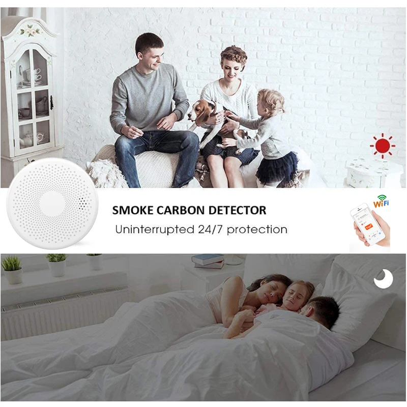 2 IN 1 WIFI Smart Carbon Monoxide Smoke Detector Tuya App Control CO Leak Sensor Fire Alarm Home Security Protection Smokehouse