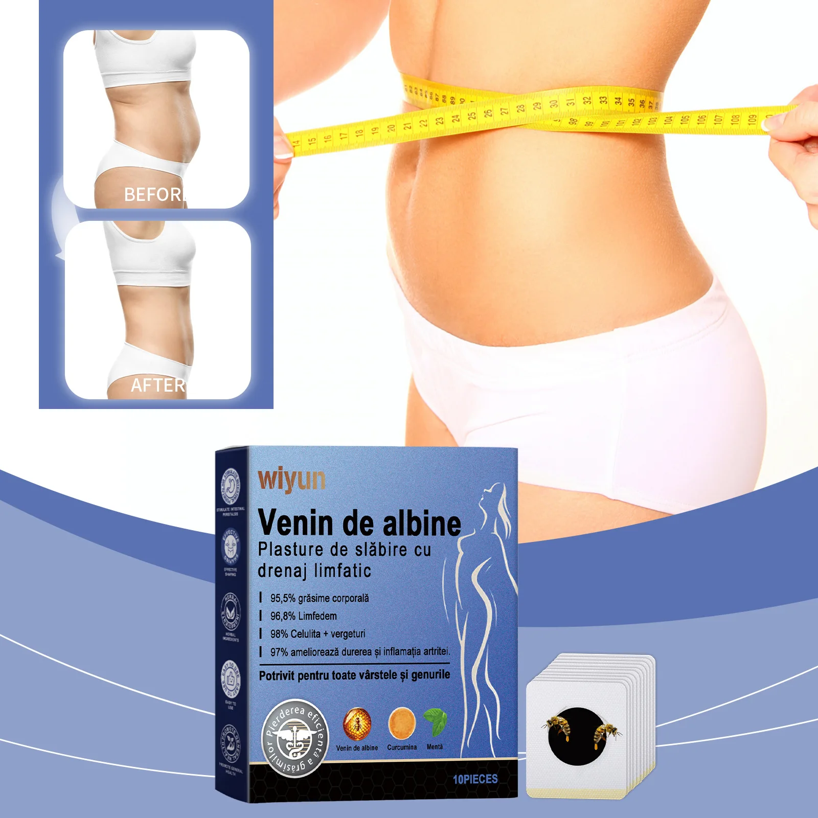 대일0Pcs Bee Venom Slimming Patches Long Lasting Bee Venom Lymphatic Drainage Slimming Patch Belly Patch for Female Male