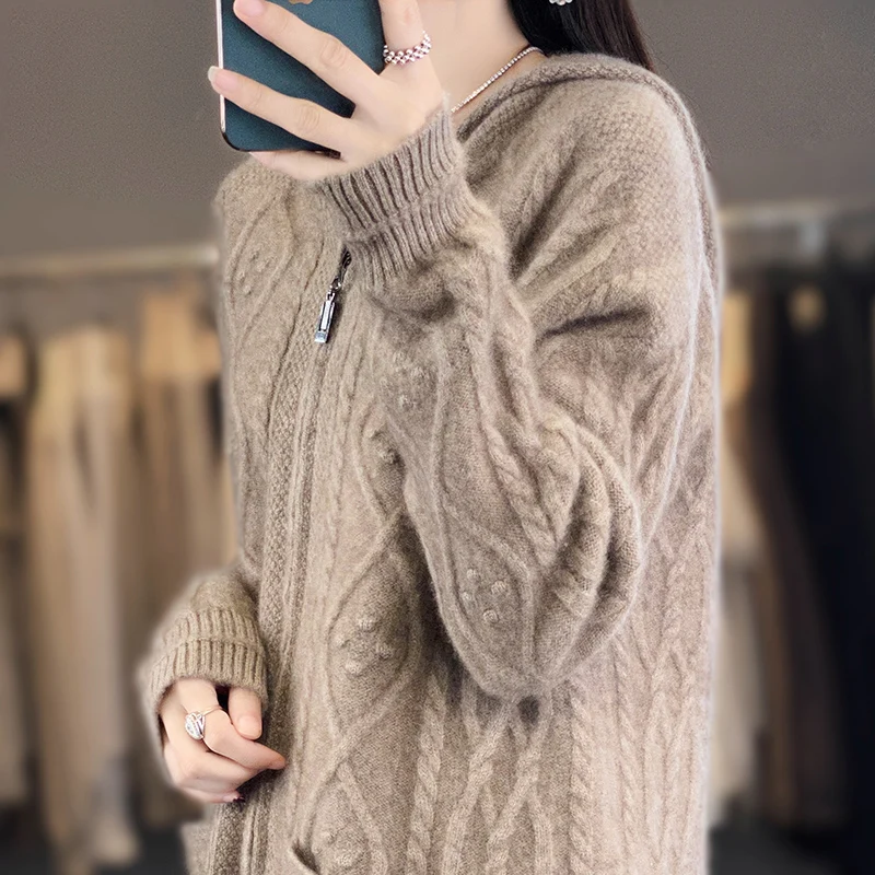 100% 메리노 울 후디, 캐주얼 루즈 점퍼, 세련된 한국 지퍼 가디건, 긴팔 상의, 두껍고 따뜻한 재킷, 가을, 겨울, 신상