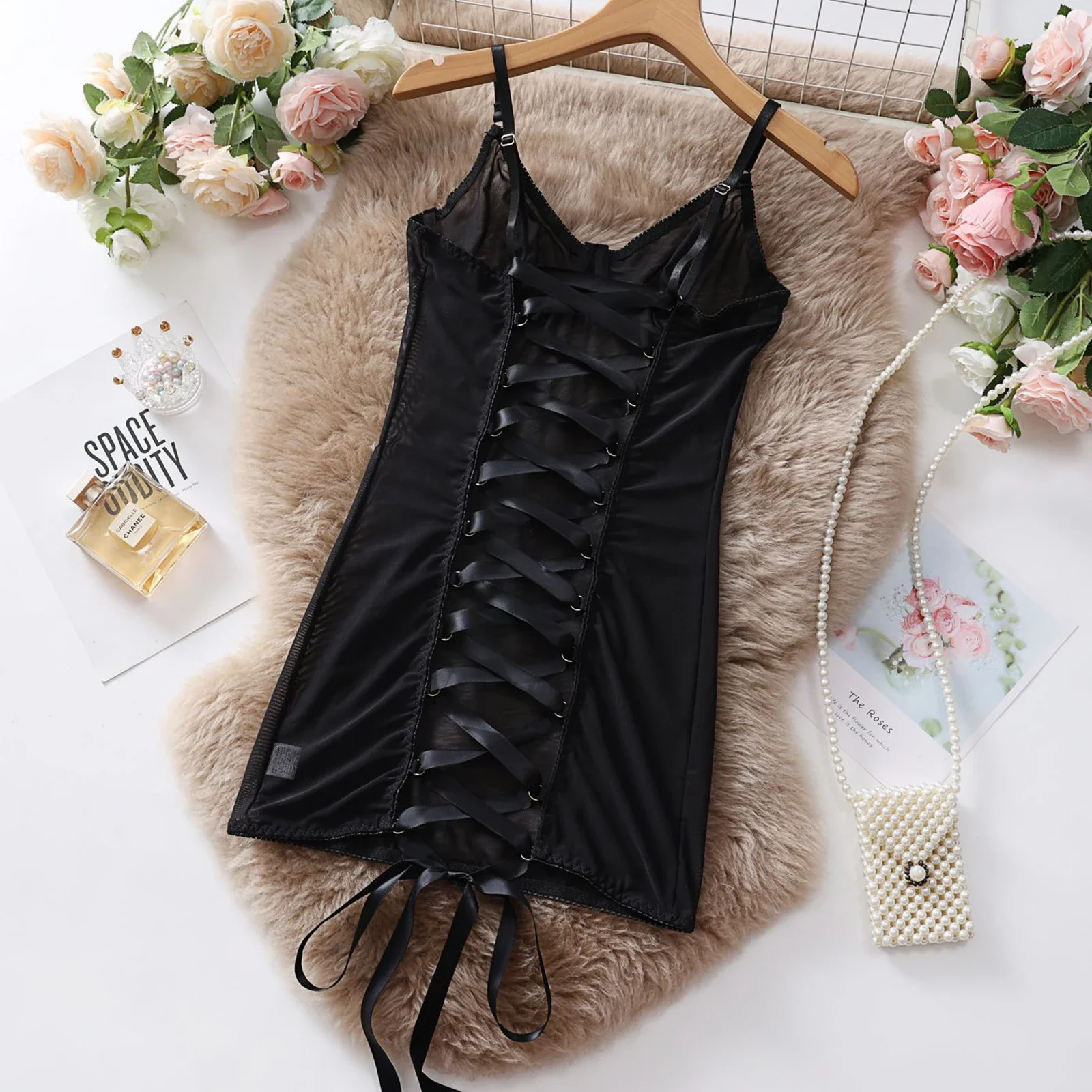 See-Through Lingerie Chemise Nightdress Women's Back Cross Tied Sleeveless Cami Bodycon Dress Nightgown Sleepwear Slips Nightie