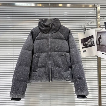 Winter Diamond Stand Collar Warm Cotton Padded Jacket Women Drawstring Loose Casual Outwears Female Short Zipper Thicken Jackets