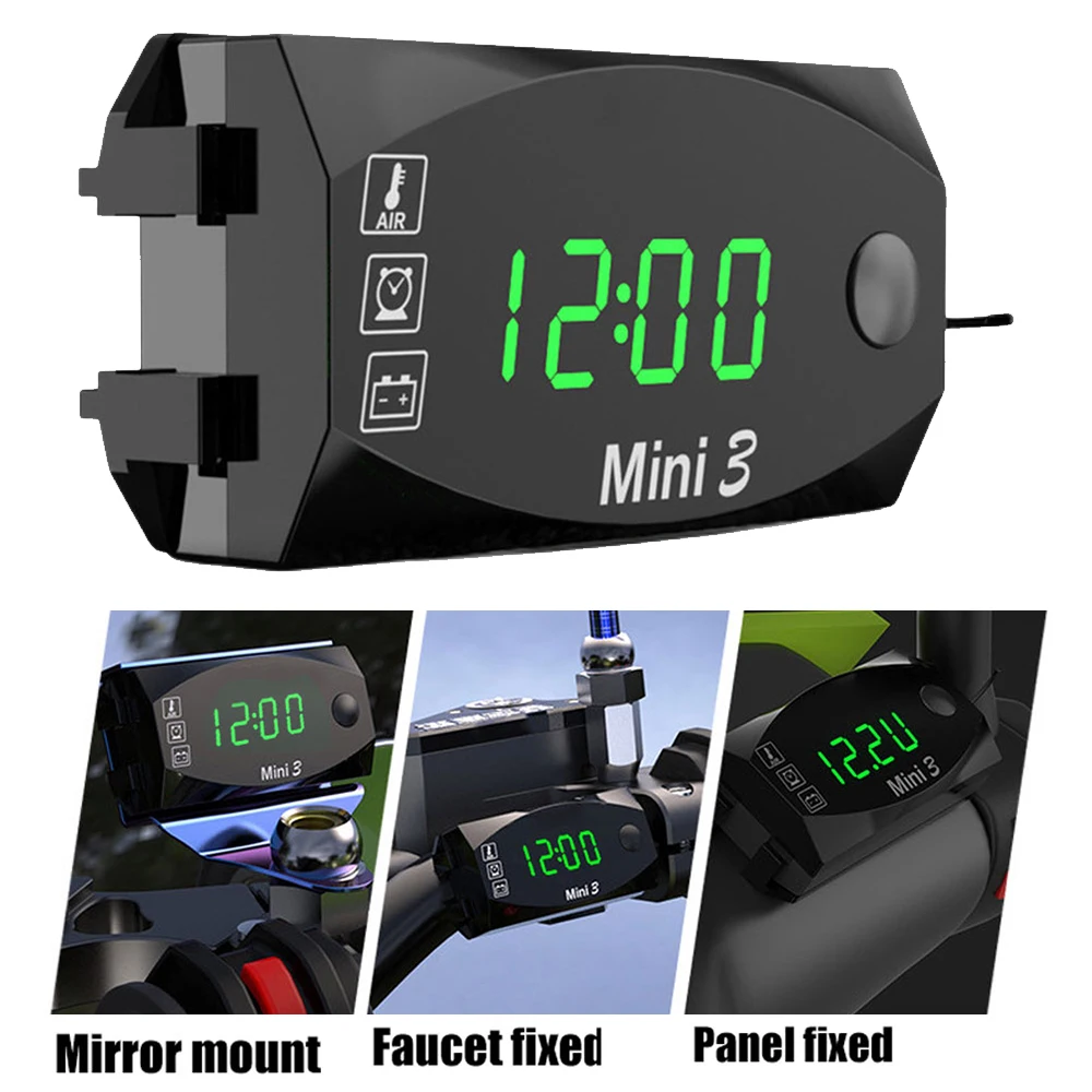 3 IN 1 12V Universal Motorcycle Electronic Clock Thermometer Voltmeter