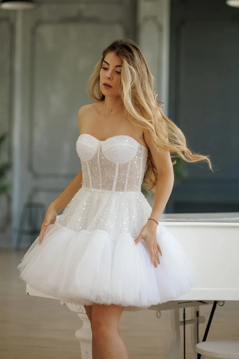 Evening Dresses Cocktail Dress Shiny Bead Sequined Sweethart Short/Mini A Line Wedding Dresses Detachable Sleeves Made Bridal Grown Evening Wear