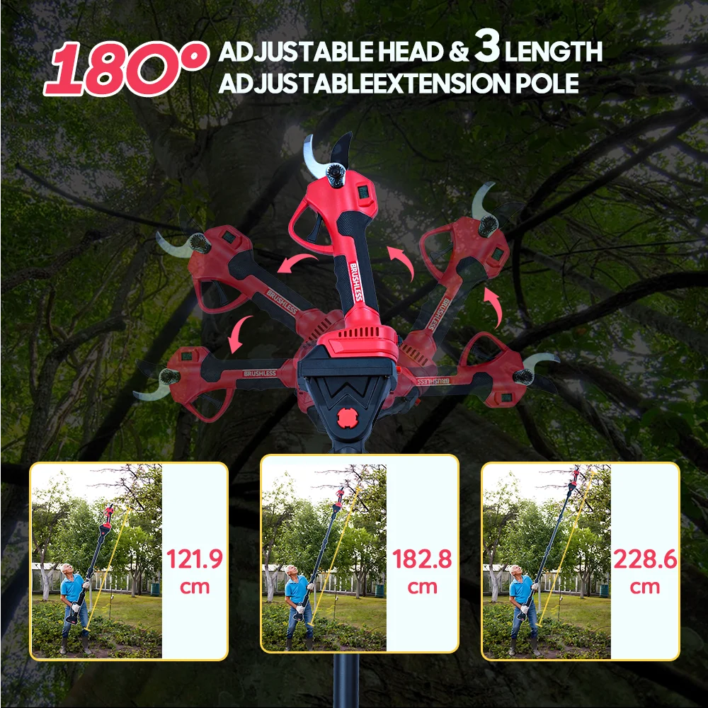 2in1 Akku Astschere Teleskop 21V Bürstenlos 300W 15-25mm 180° verstellbar 2 Akkus Schnellladegerät Rot – Detail 1