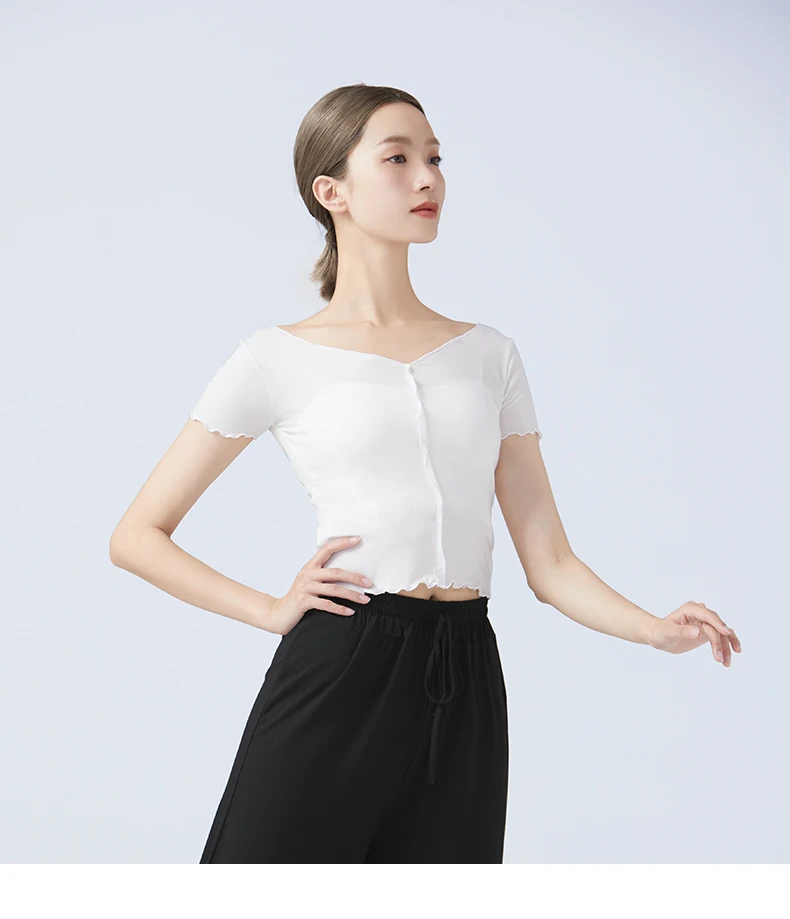 Frauen V-ausschnitt Tanz Tops Wellenförmige Spitze Ballett Tanz Crop Tops Erwachsene Mädchen Tanz Tops Closed-fit Kurzarm ballett Training Kostüme – Detail 9