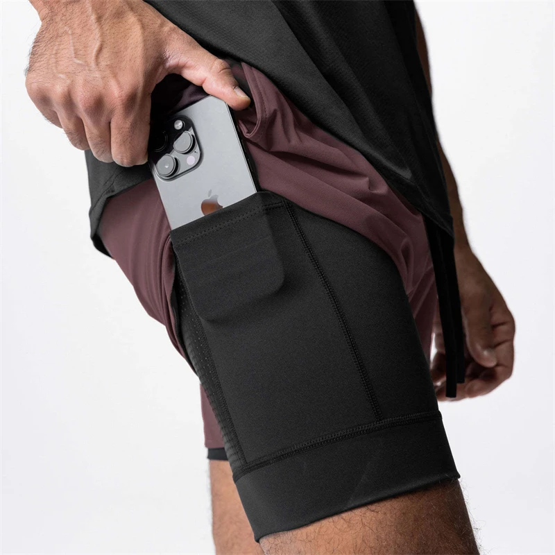2023 High quality summer new sports double layered 2-in-1 men's shorts with built-in pockets and multifunctional exercise capris