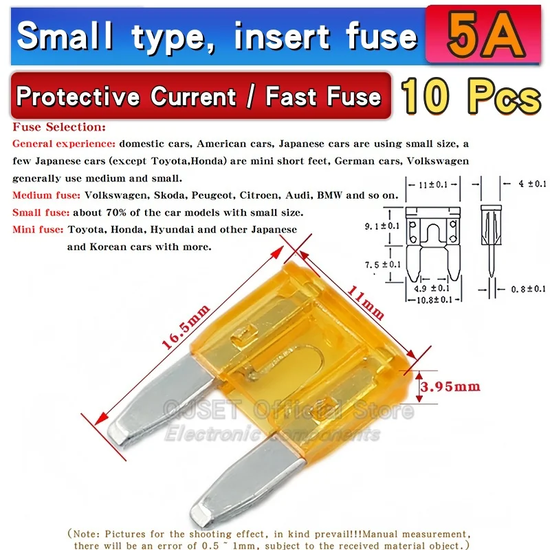 Assorted Miniature Medium-Small Amp Fuses Set - 10 pcs, 5A to 50A Range