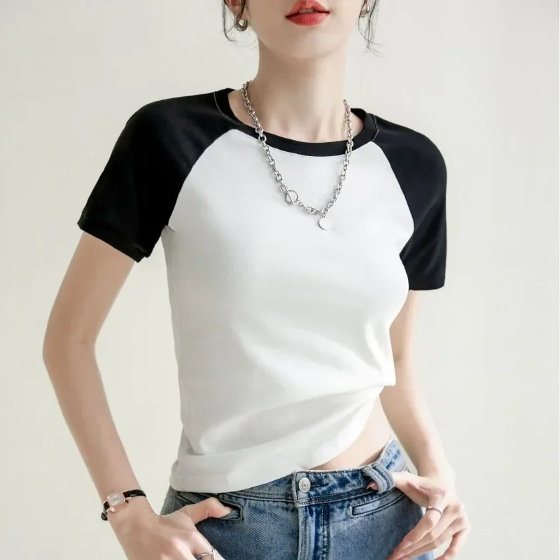 

Cotton Raglan Sleeves Contrasting Color Slim Fit Round Neck Short Sleeved T-shirt Women Spring/summer New Style Pullover Top