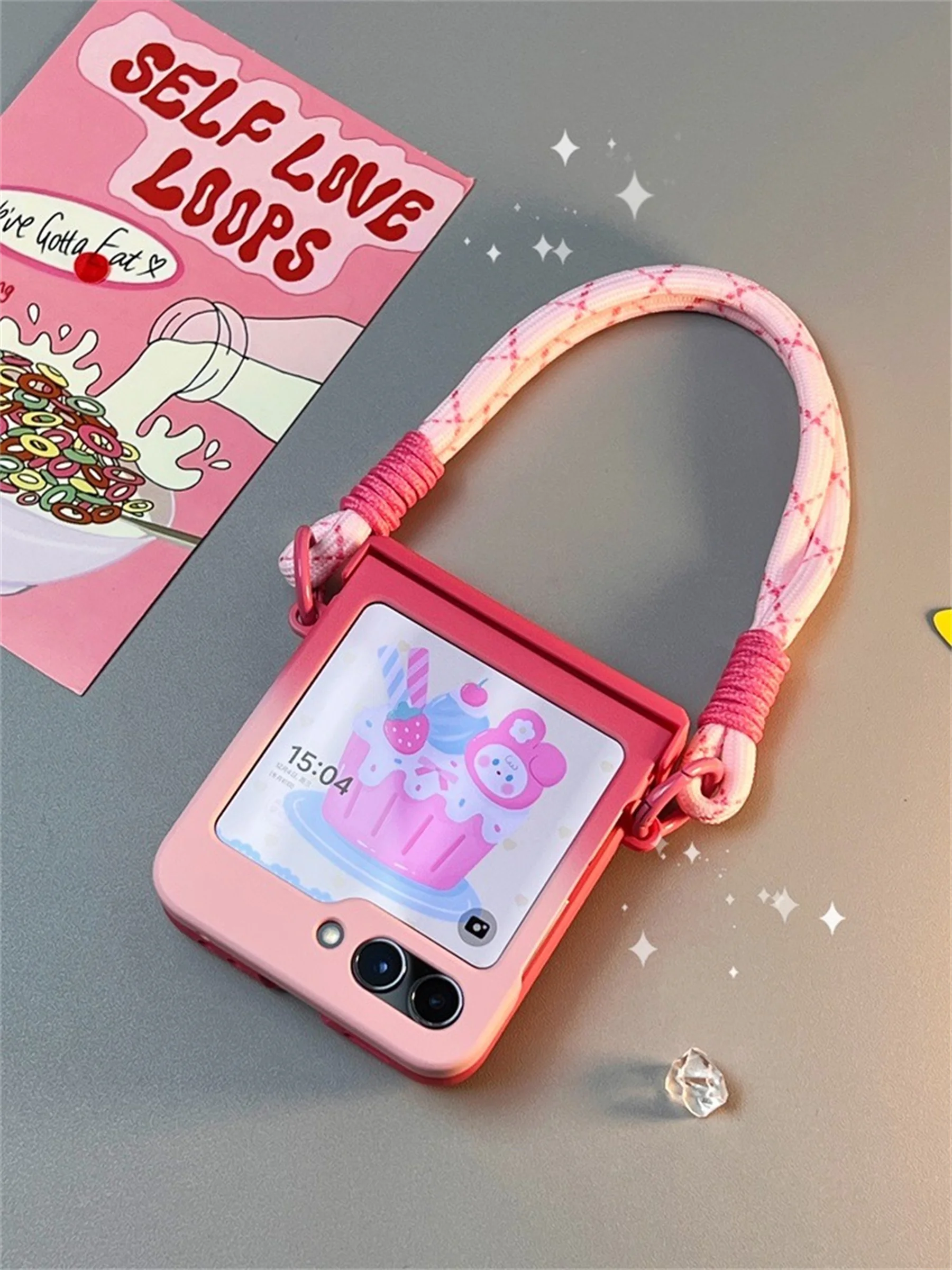 Luxury Cute Gradient Pink Phone Case with Bunny Rabbit Bracket and Hand Strap