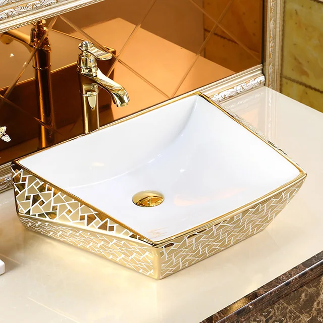 Modern Gold Electroplating อ่างล้างหน้าทองสีตาราง Art อ่างล้างหน้า Lavabo ชามหรูหราห้องน้ําอ่างล้างจาน 2