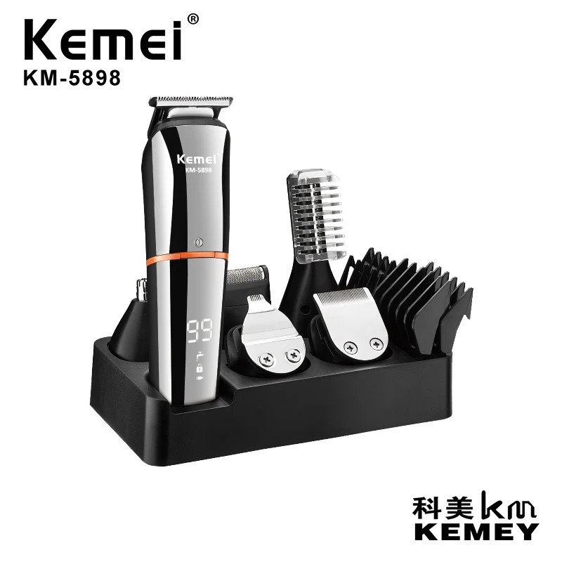 Kemei KM-5898 Venta al por mayor Kit de aseo 11 en 1 para peluquería cortadora de pelo lavable y recargable para hombres