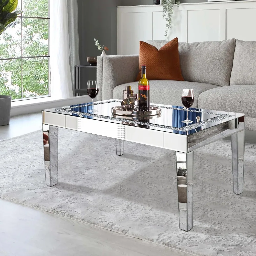 

2024 New Coffee Table with Crystal Inlay, Rectangle Glass Tea Table with Mirrored Finish, Modern Center Table for Living Room