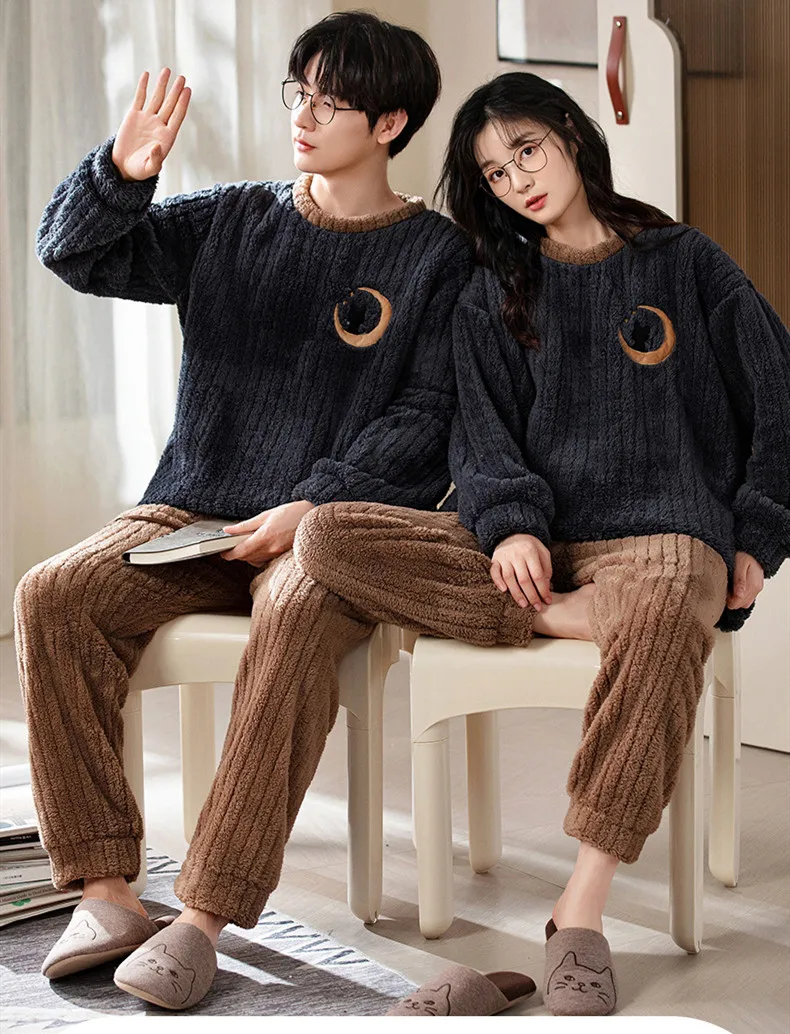 Yasuk Winter Fashion Women's Men Casual Warm Soft Sleepwear Pajamas With Pants Velvet Jacquard Fleecel Thick Moon Couple Unisex