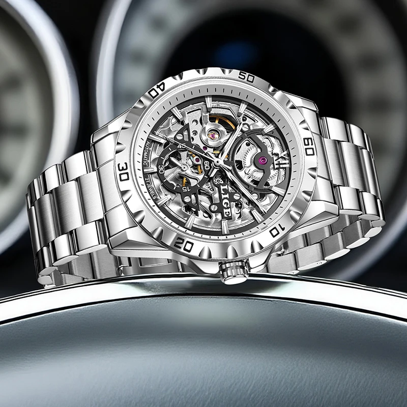 LIGE Fashion Mechanical Watches For Men Stainless Steel Business Date Display Waterproof Automatic Men Watch Relogios Masculino