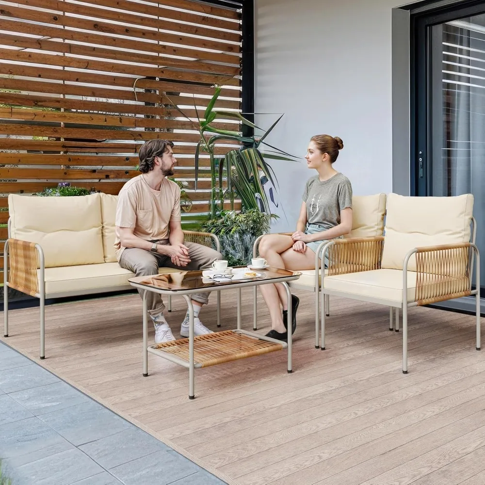Patio Furniture Set, 4 Pieces Wicker Outdoor Conversation Set, All-Weather PE Rattan Bistro Set with Glass Side Table 4