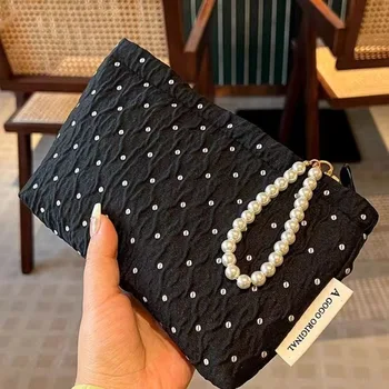 Borsa per il trucco a pois con cerniera perlata, dolce custodia per cosmetici con fodera, borsa organizer da toilette portatile da viaggio