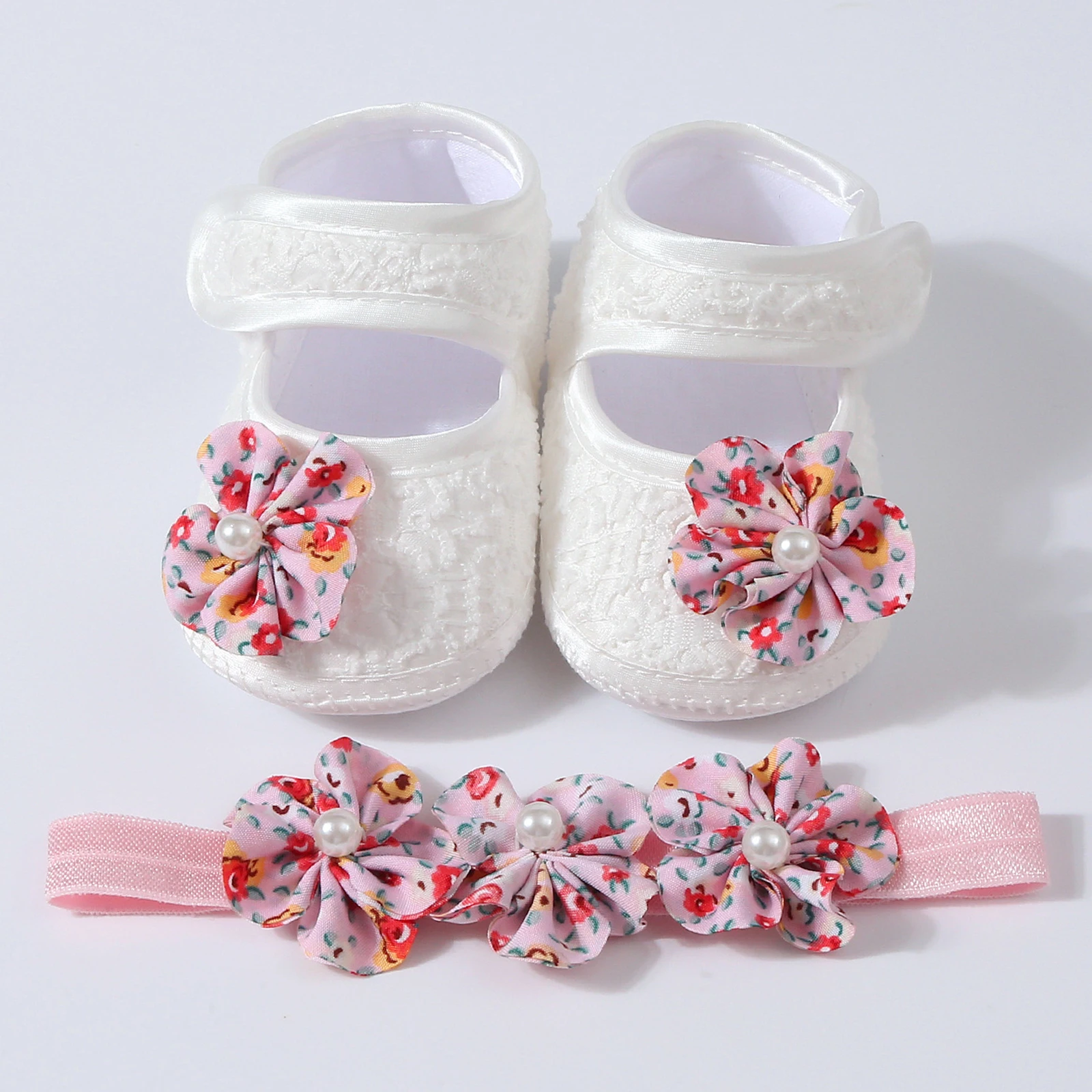 Newborn Baby Girl Flats Crib Shoes Cute Bead Flower Closed Toe Soft Sole Princess Shoes with Headband for Spring Fall