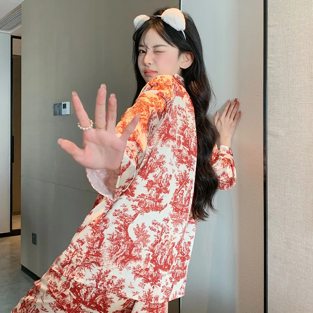 빨간색 세트 여성복 빨간색 아이스 실크 얇은 긴팔 여성 세트 여성복 봄 여름 여성용 세트 여성복 빨간색 세트
