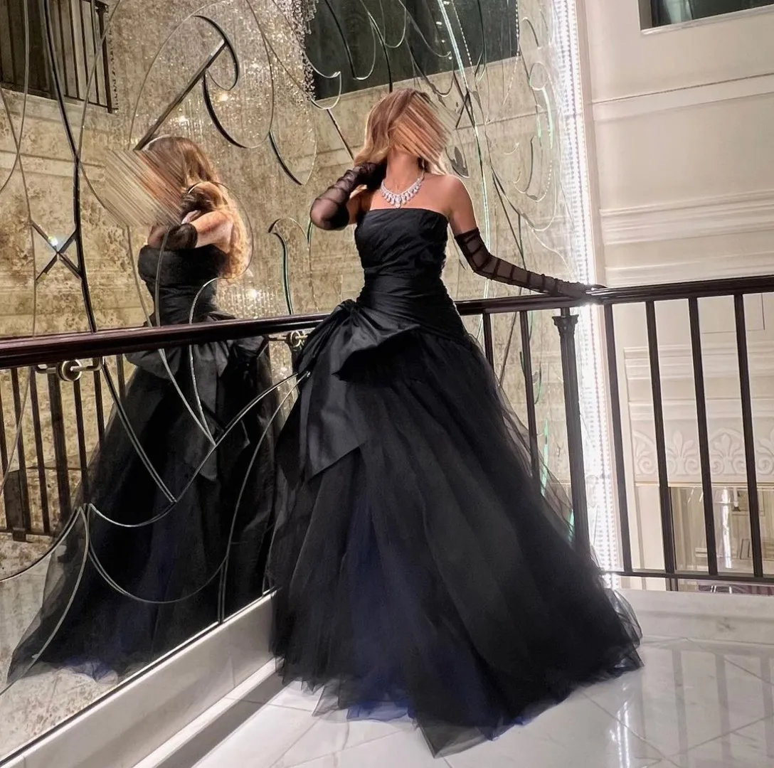 

Black Long Women‘s Evening Dress With Gloves strapless Bow A-Line Tulle Prom Dress 2023 Formal Occasion Dresses Robes De
