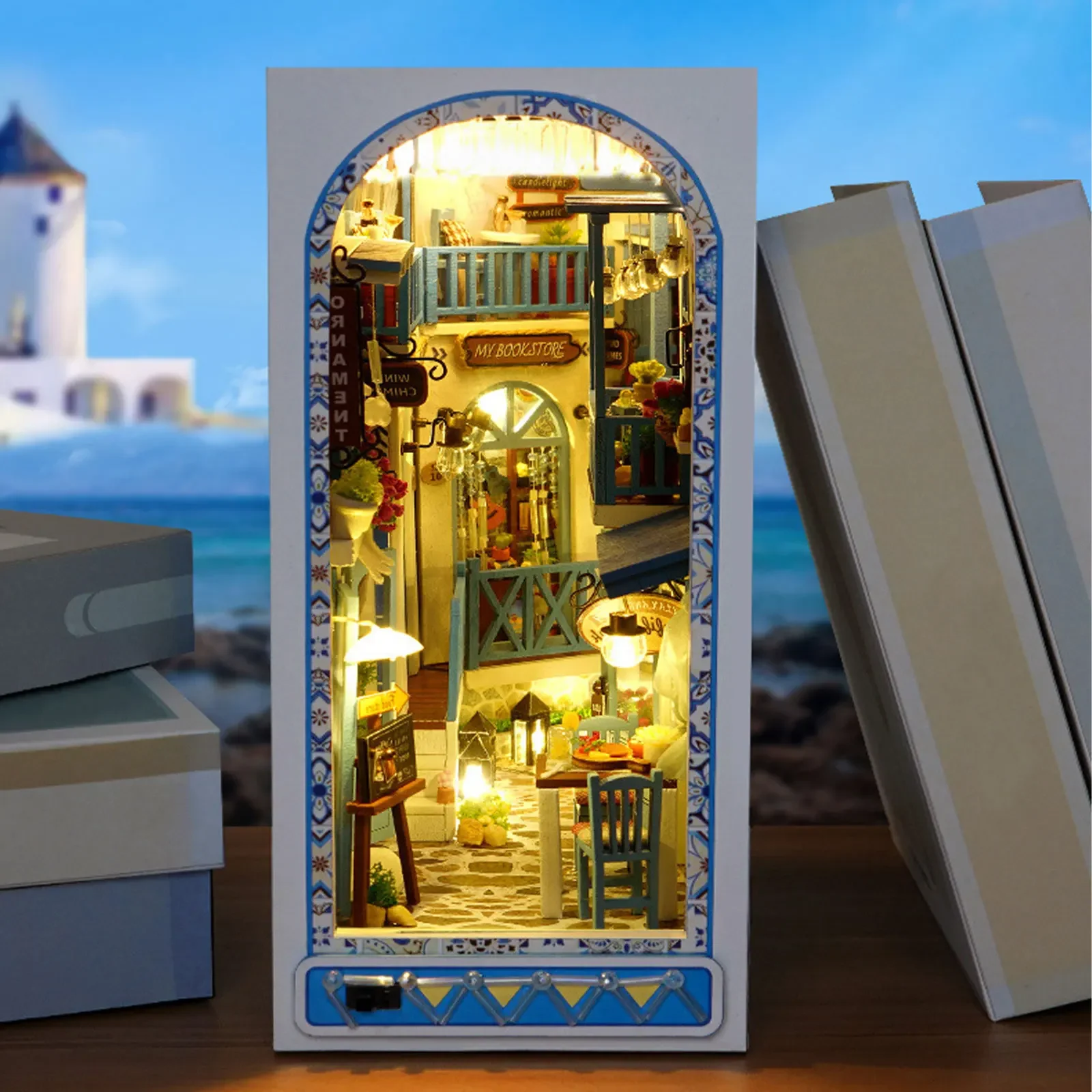 ROBOTIME DIY Book Nook Kit Insert Bookcase Book Stand 3D Wooden Puzzle DIY  Miniature House Wood Bookend Book Nook Model Building Kit with LED Light