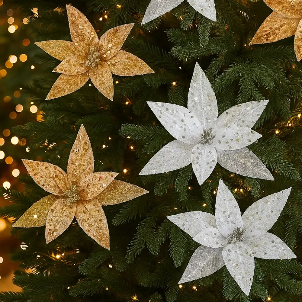 25cm Christmas Artificial Flowers Sequin Mesh Handmade Simulation Glitter Flower Hanging Decorative Xmas Tree Ornaments