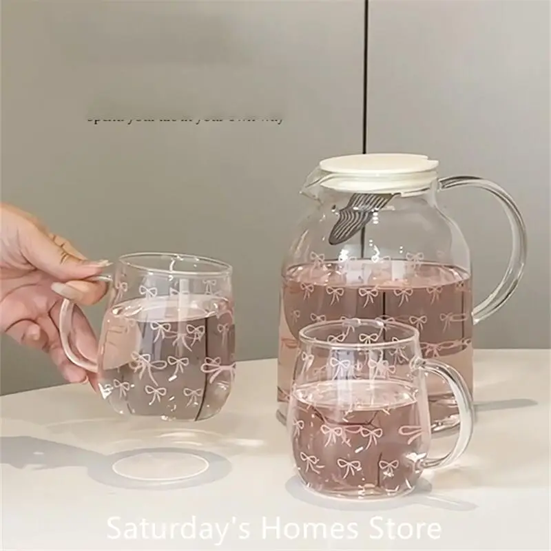 Bow Patter Water Glass Bottle Teapot Glass Cup Bow Handle Heat Resistant Lover Tea Sets Kettle Water Cup Bottle