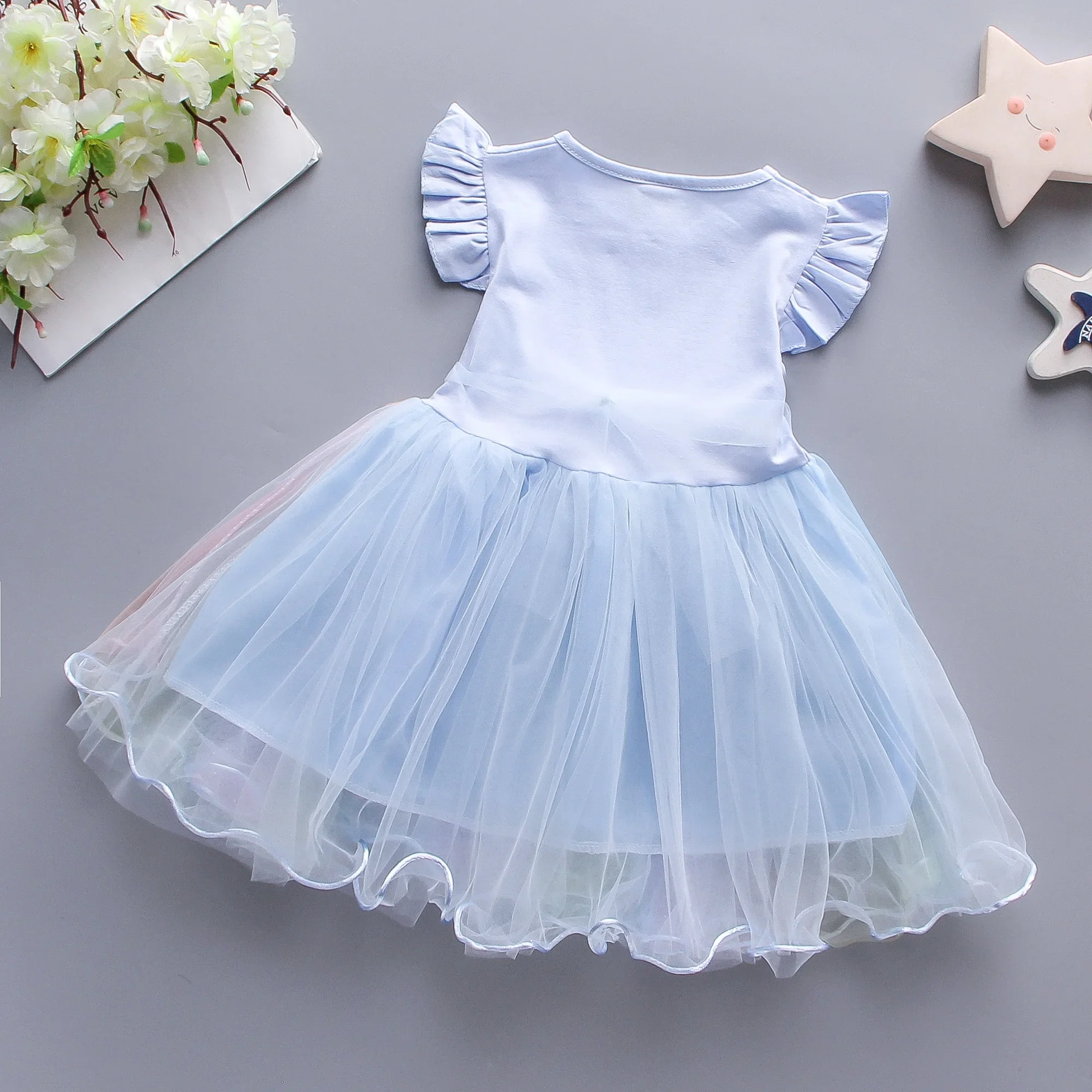 Girls Dress Summer Children Cartoon Cloud Little Horse Rainbow Gradient Mesh Sleeveless