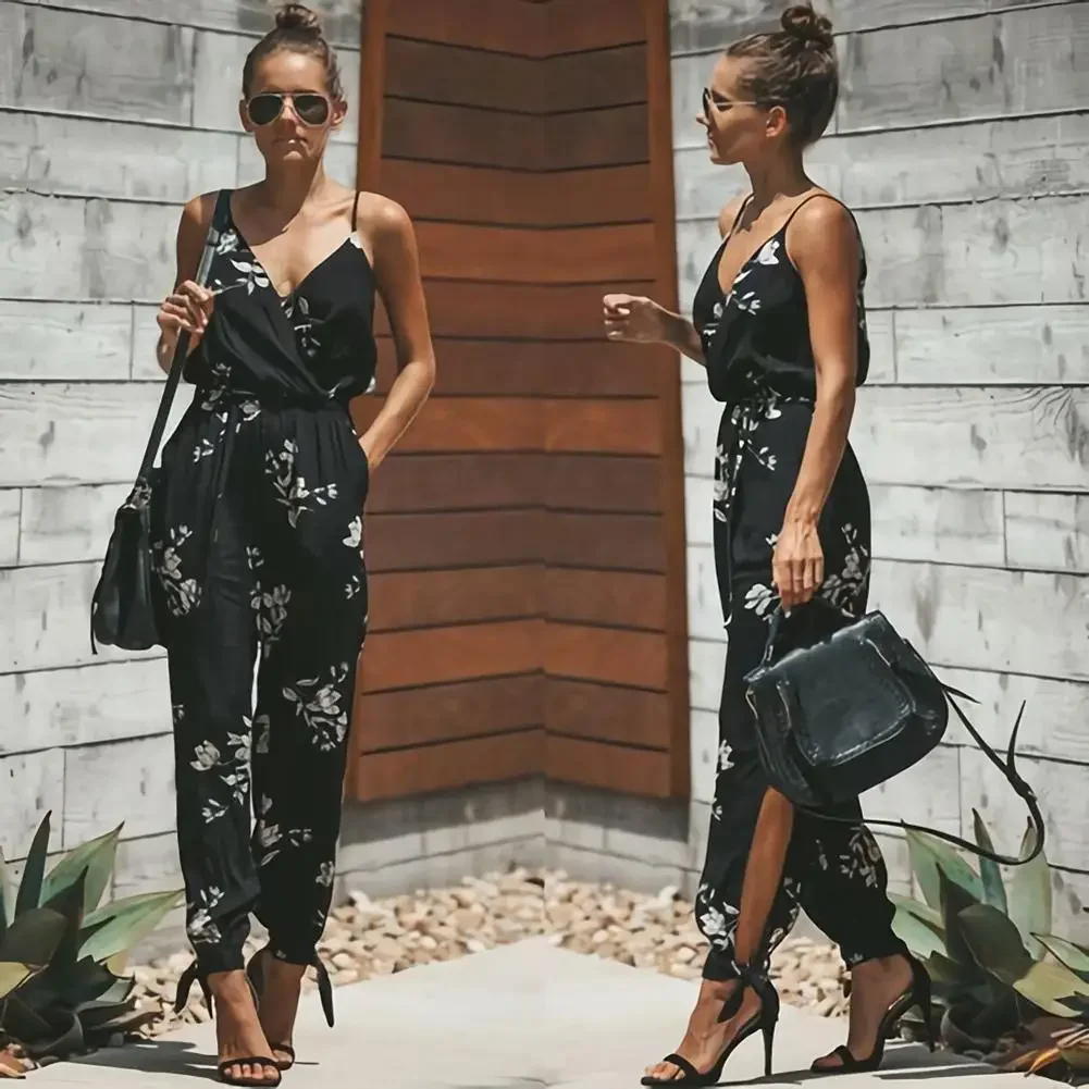 2024 NEW Women Summer Sexy Backless Casual Deep-V Floral Print Strappy Jumpsuits Romper Jumpsuit