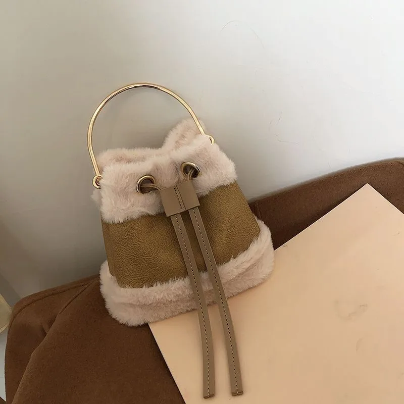 Plush Khaki Drawstring Bucket Handbag Women Panel Cloth Sweet Cute Shoulder Bags Ladies Soft Casual Versatile Crossbody Bag 2025