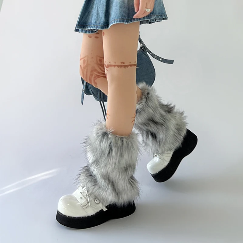 Novas meias de pele de lobo imitação cinza Y2k menina inverno quente JK botas peludas meias góticas punk JK comprimento do joelho hiphop_voghion.com