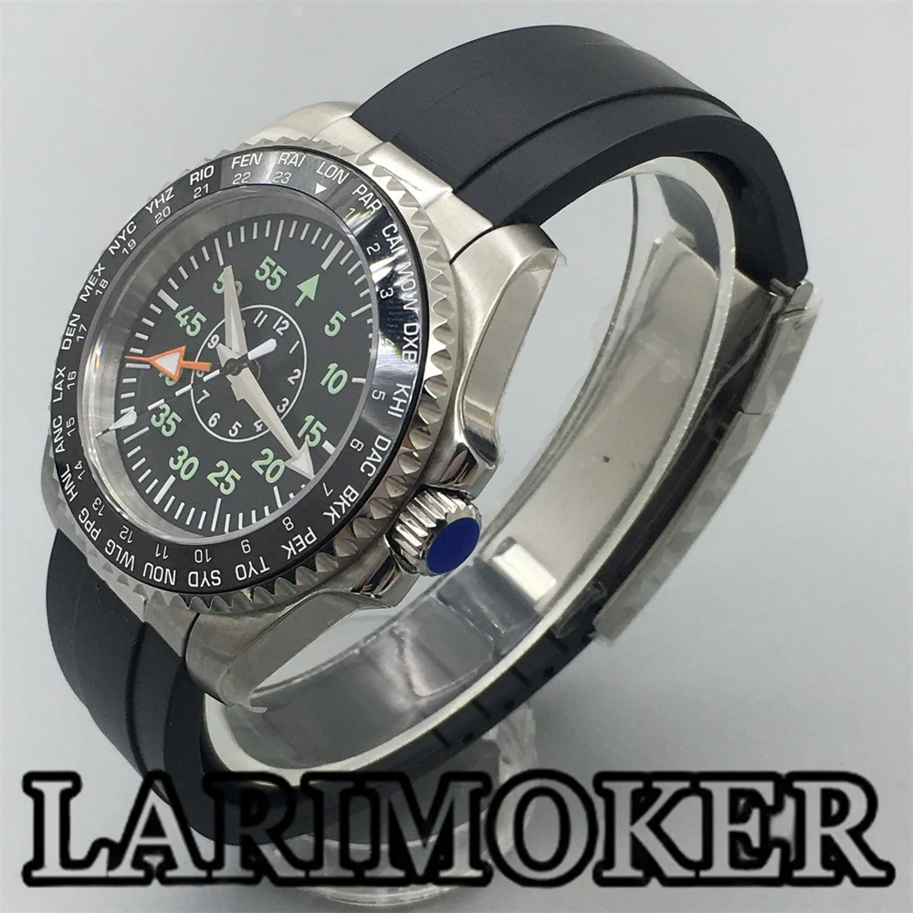 LARIMOKER 40.5mm Men&lsquo;s fashion watch NH34(GMT) Movement with ceramic bezel sapphire C3 Green luminous Black Dial watch
