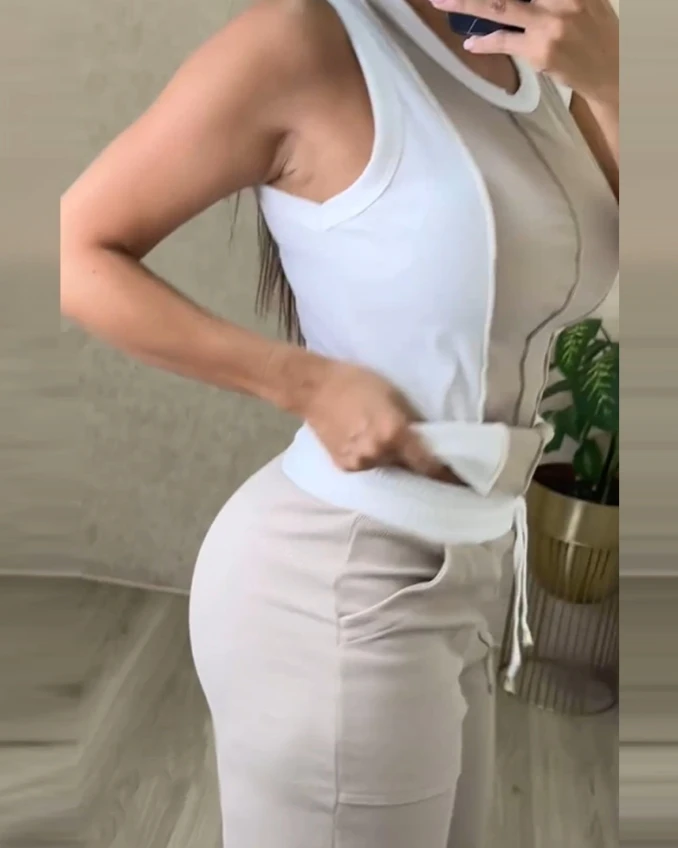 Women's Casual Set 2024 Summer Color Blocking O-Neck Sleeveless Vest and Drawstring High Waist Pocket Design Pants Two-Piece Set