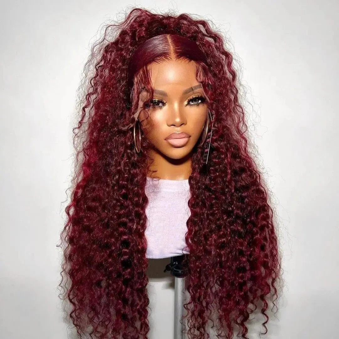 34 Inch Burgundy Deep Wave Wig13x4 Lace Frontal Human Hair Wig Deep Wave Curly Wigs For Women 99j Red Wine Colored Lace Front Wig 4