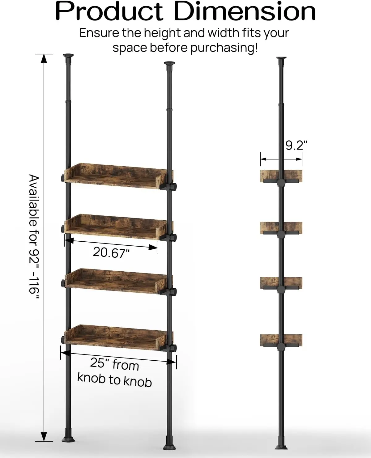 Bathroom Organizer. Over Toilet Storage. 4-Tier Adjustable Wood Shelves. 92-116" Tall. Rustic Brown.