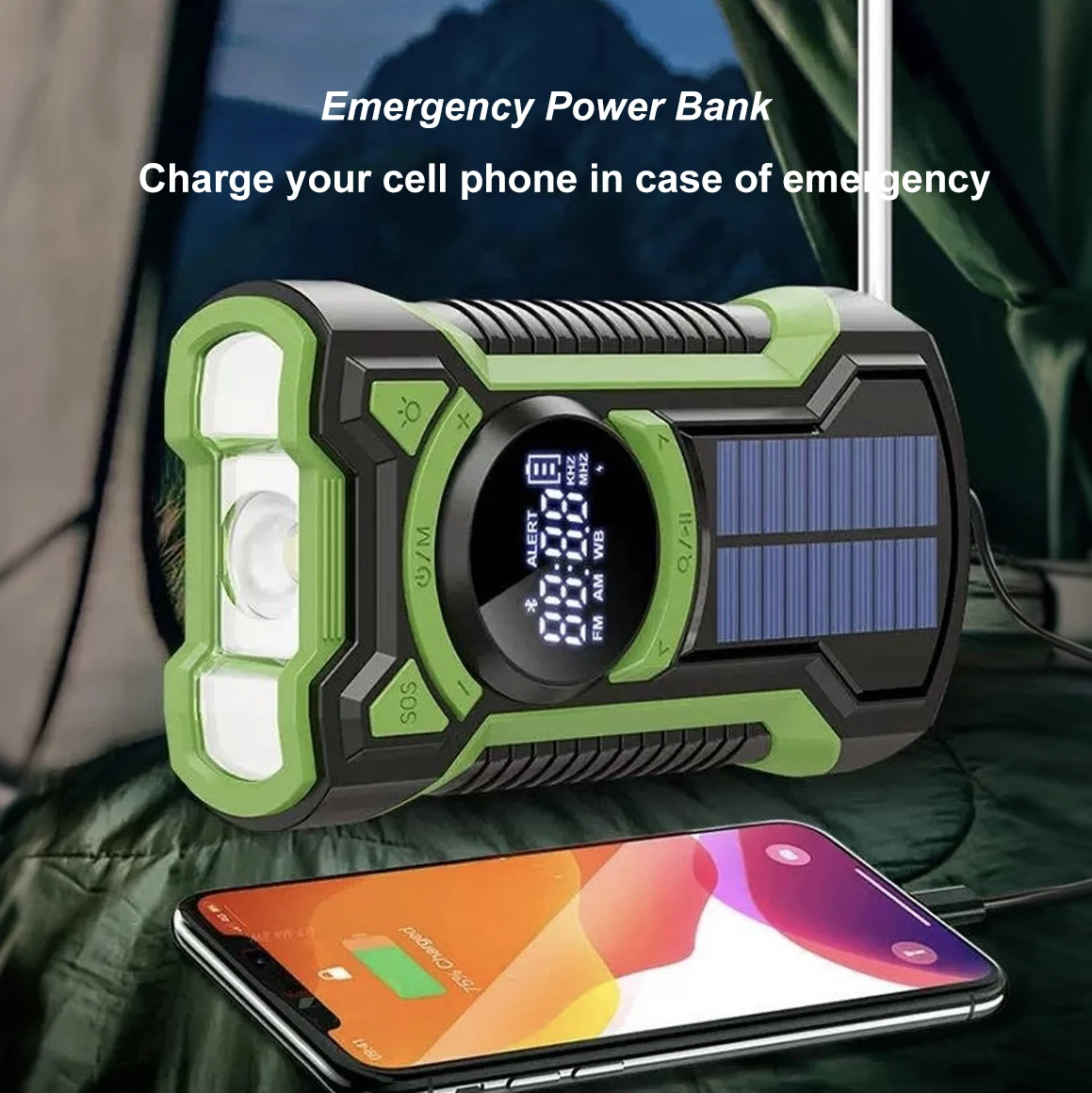 DE16 하이킹 비상용 기상 라디오 휴대용 태양열 핸드 크랭크 5000mAh AM/FM 블루투스 방수 손전등 보조 배터리 자동 스캔