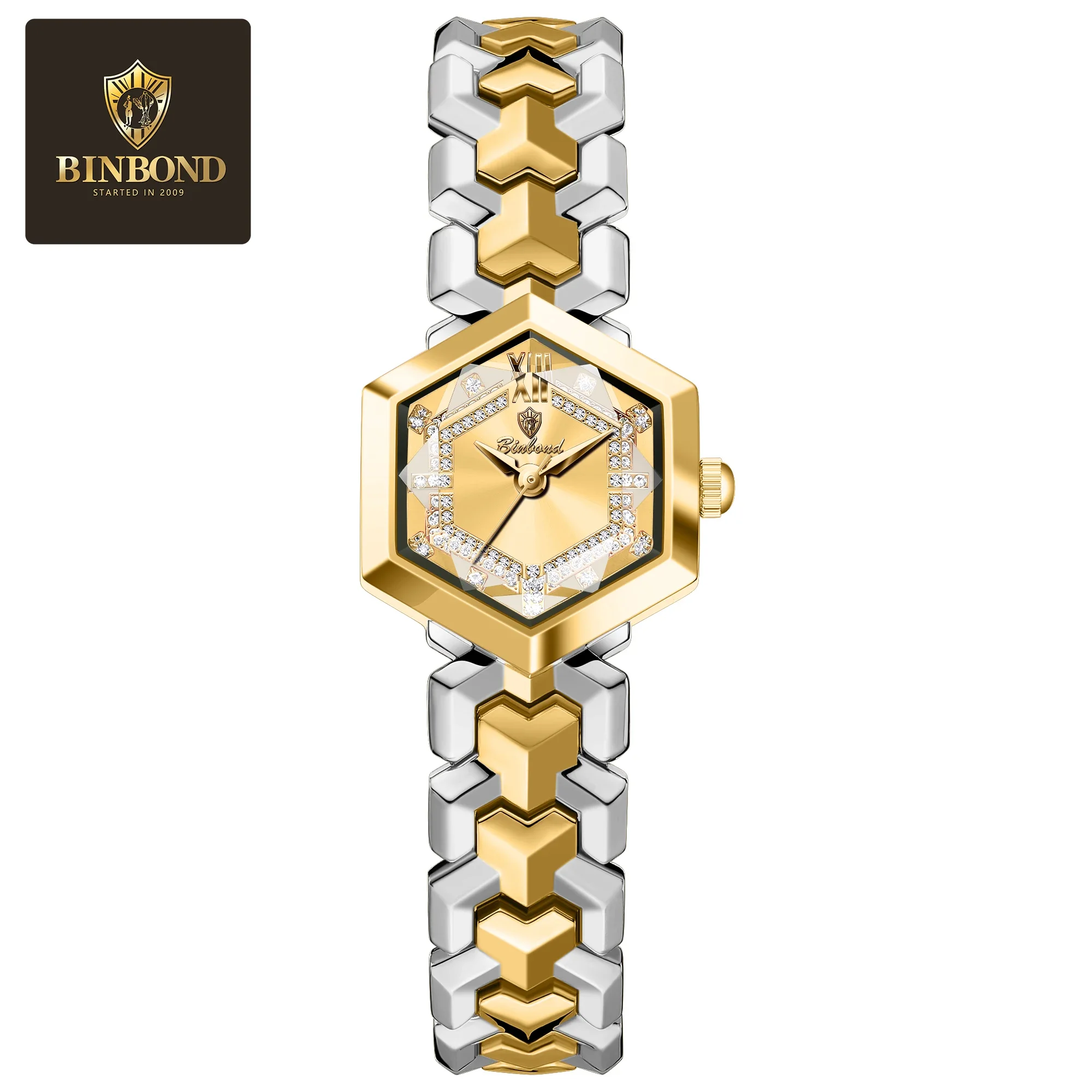 BINBOND Elegant Women's Quartz Watch with Rhombus Mirror and Luminous Diamond Dial