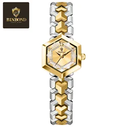 BINBOND Elegant Women's Quartz Watch with Rhombus Mirror and Luminous Diamond Dial (Jian Gold)