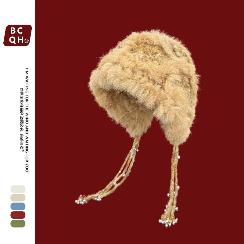 Rabbit Fur Cloud-Knit Lion Dance Hat - Plush Tassel Trim Winter Beanie with Thermal Insulation, Chinese Festive Photo-Ready